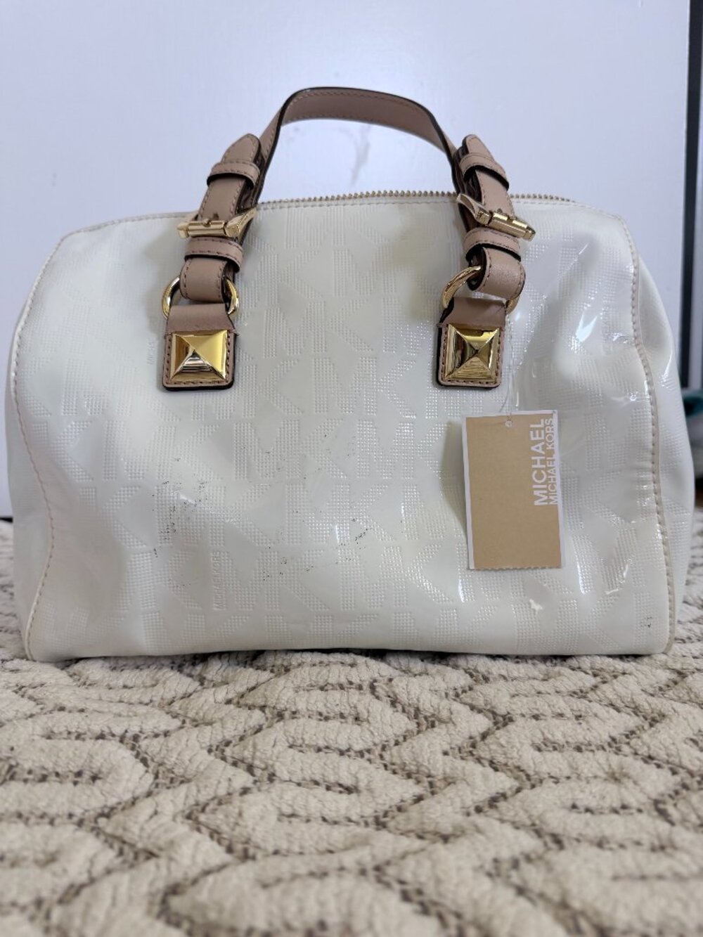 Michael Kors Grayson White & Gold Satchel - Picture 2 of 16